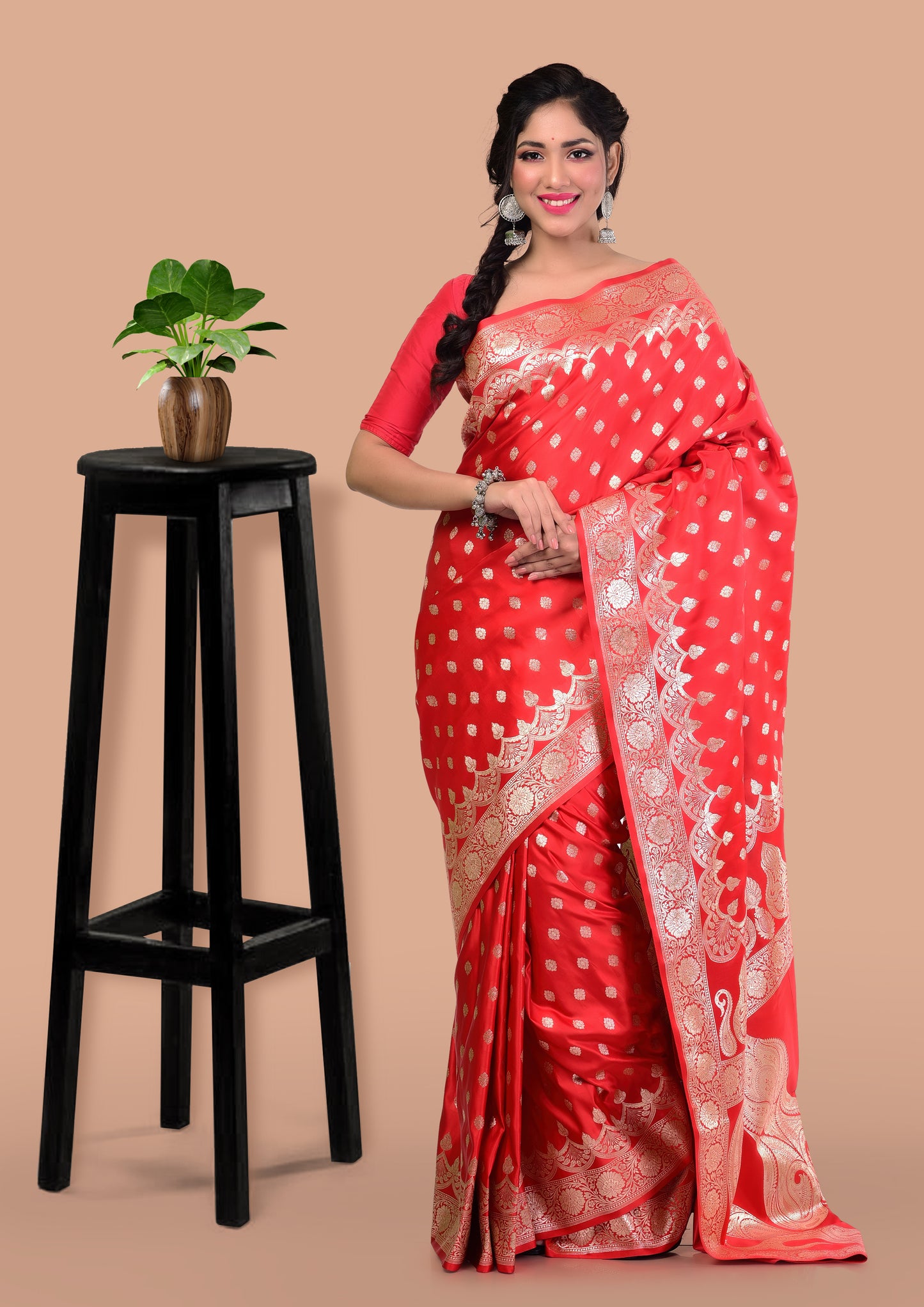 Valentine Red Banarasi Silk Saree with Blouse Piece