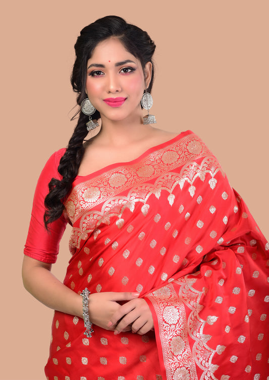 Valentine Red Banarasi Silk Saree with Blouse Piece