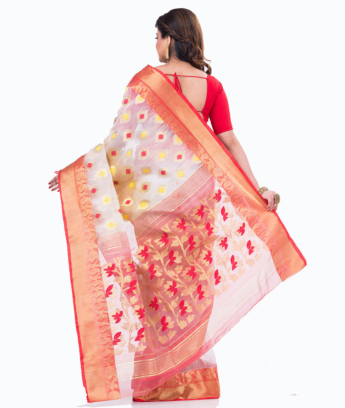 Buy Bengali White Jamdani Saree with Red Border