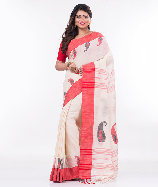 Red White Bengal Handloom Khadi Cotton Saree