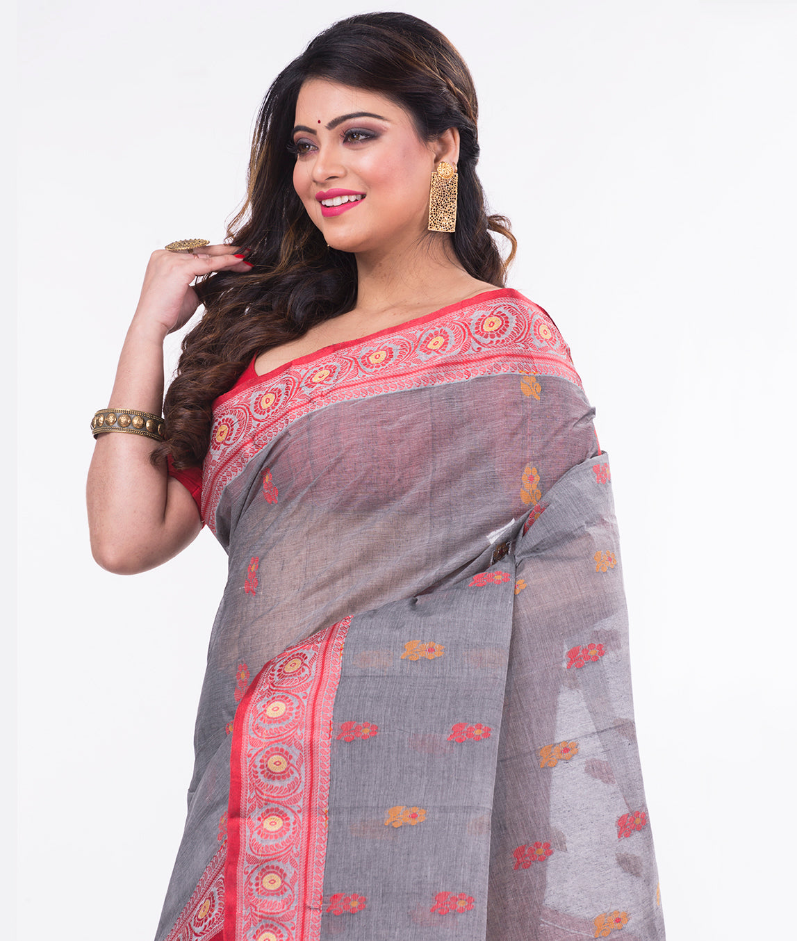 Grey Red Bengal Tant Cotton Handwoven Saree
