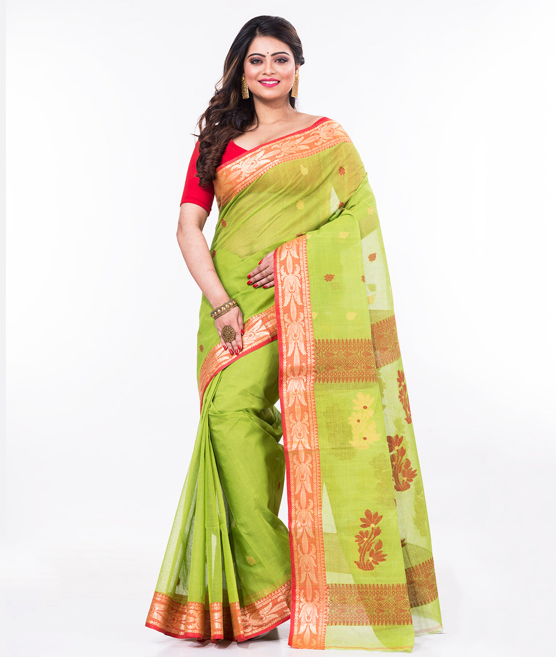 Green Red Bengal Tant Cotton Handwoven Saree