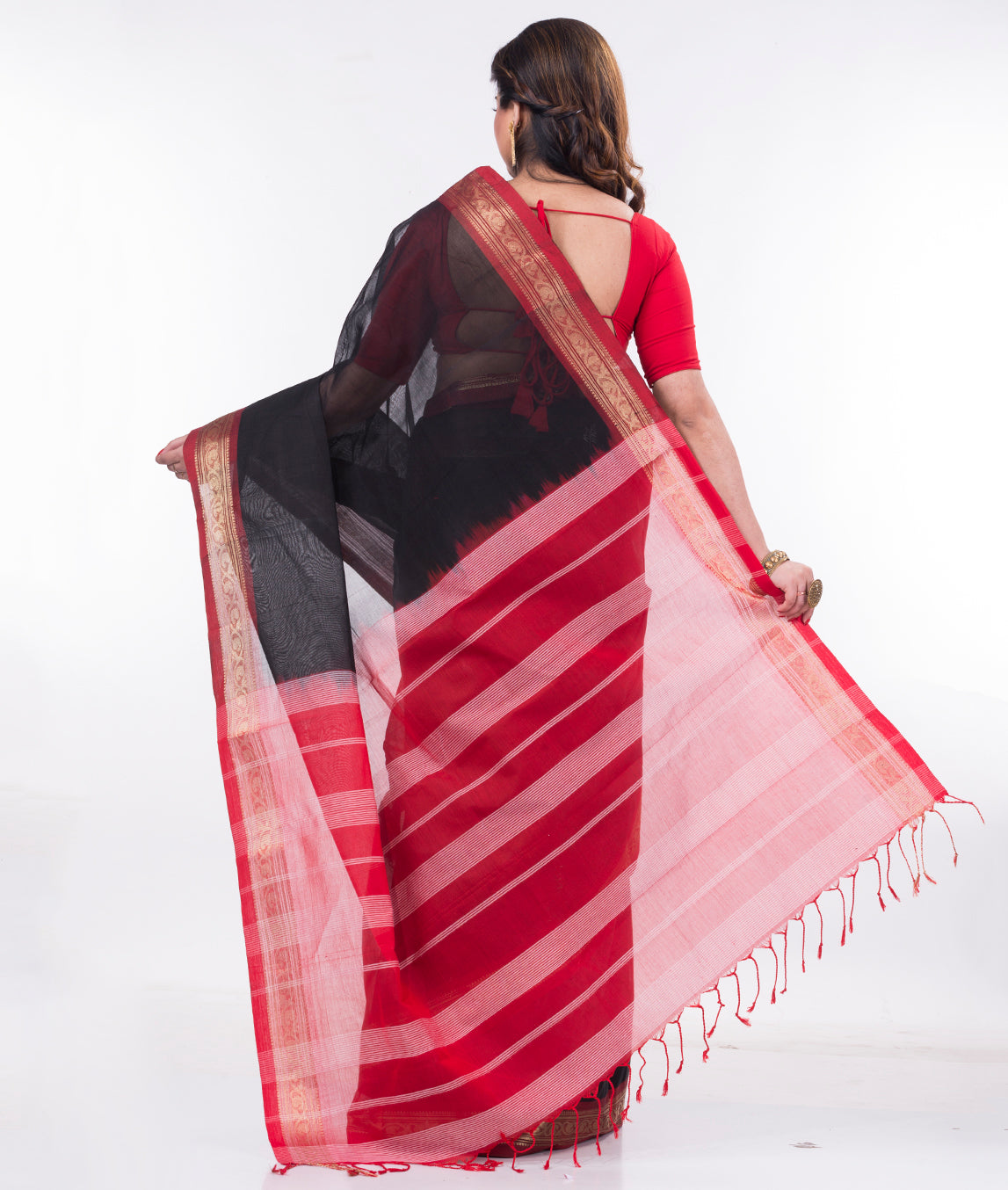 Red Black Rajshahi Cotton Handwoven Saree