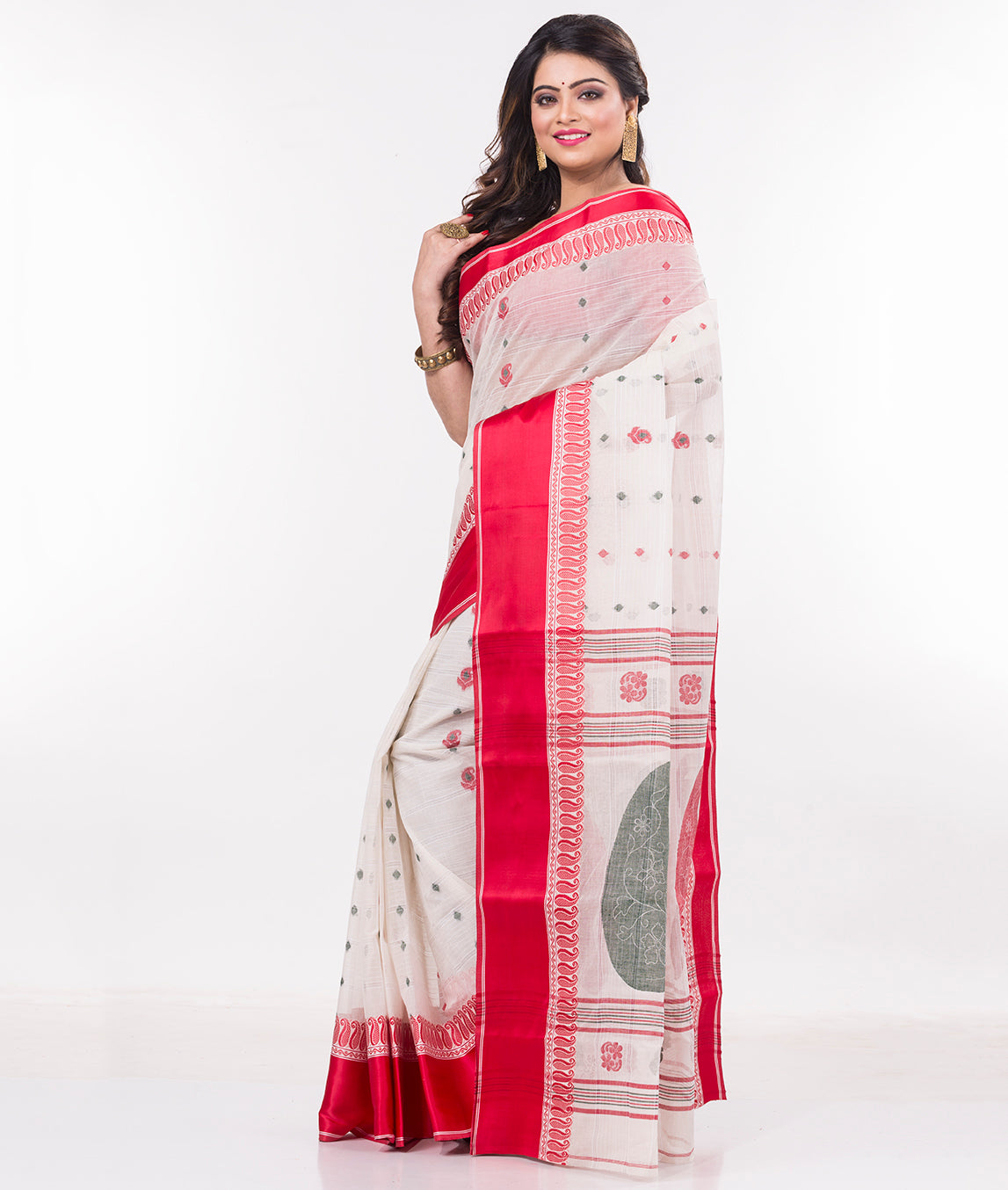 Red and White Tant Saree | Bengali Cotton Tant Saree |64% Discount !