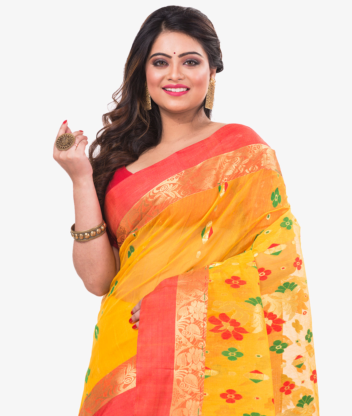 Yellow Red Bengal Tant Tussar Silk Saree