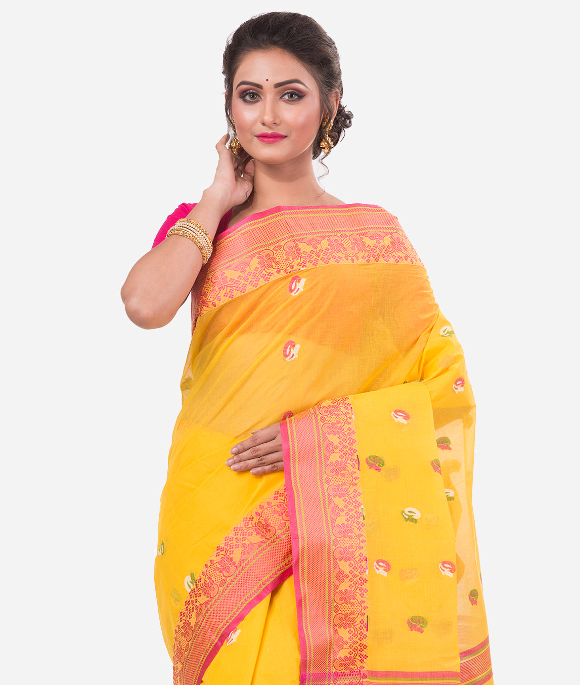 Yellow Pink Bengal Tant Cotton Saree