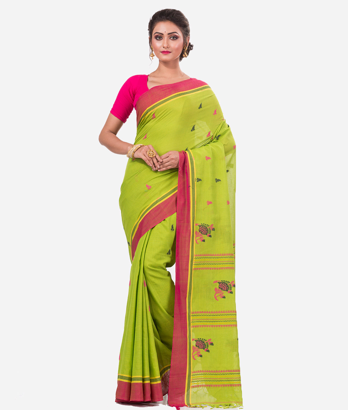 Lime Green Pink Bengal Handloom Khadi Cotton Saree