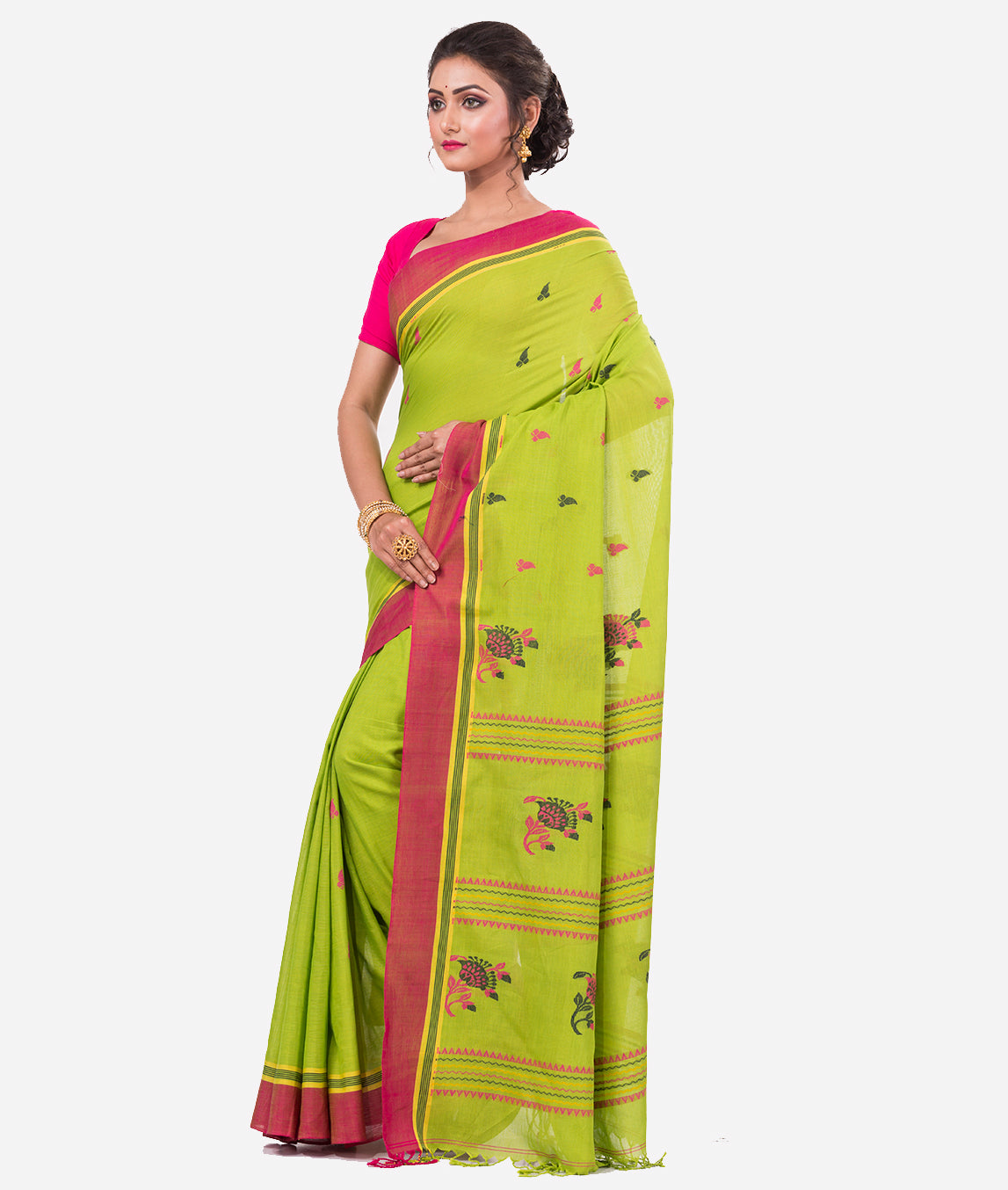 Lime Green Pink Bengal Handloom Khadi Cotton Saree