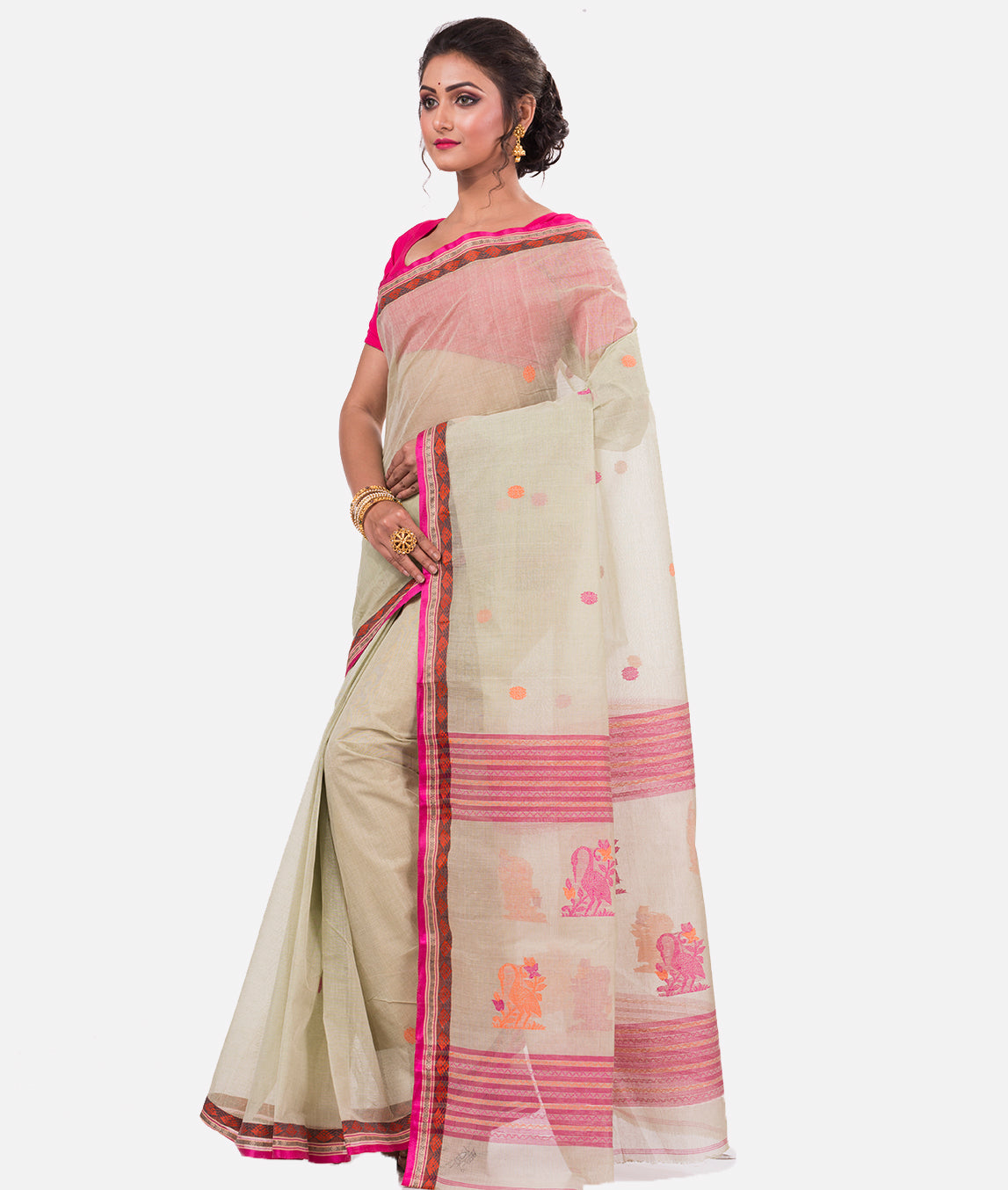 Light Grey Pink Bengal Tant Cotton Saree