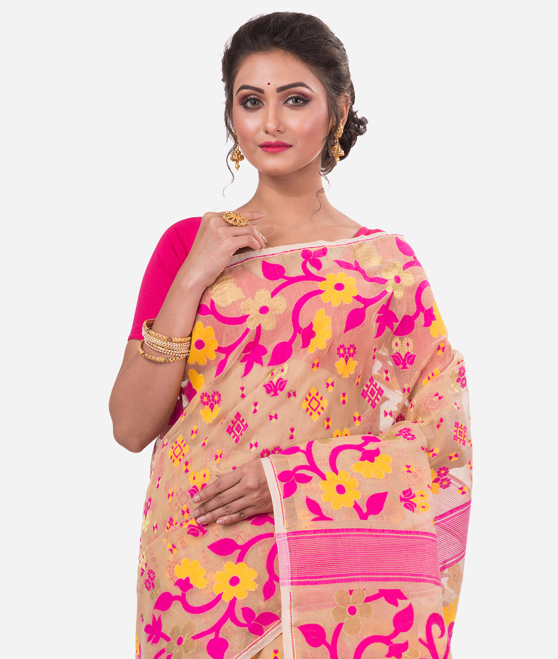 Beige Pink Dhakai Jamdani Saree