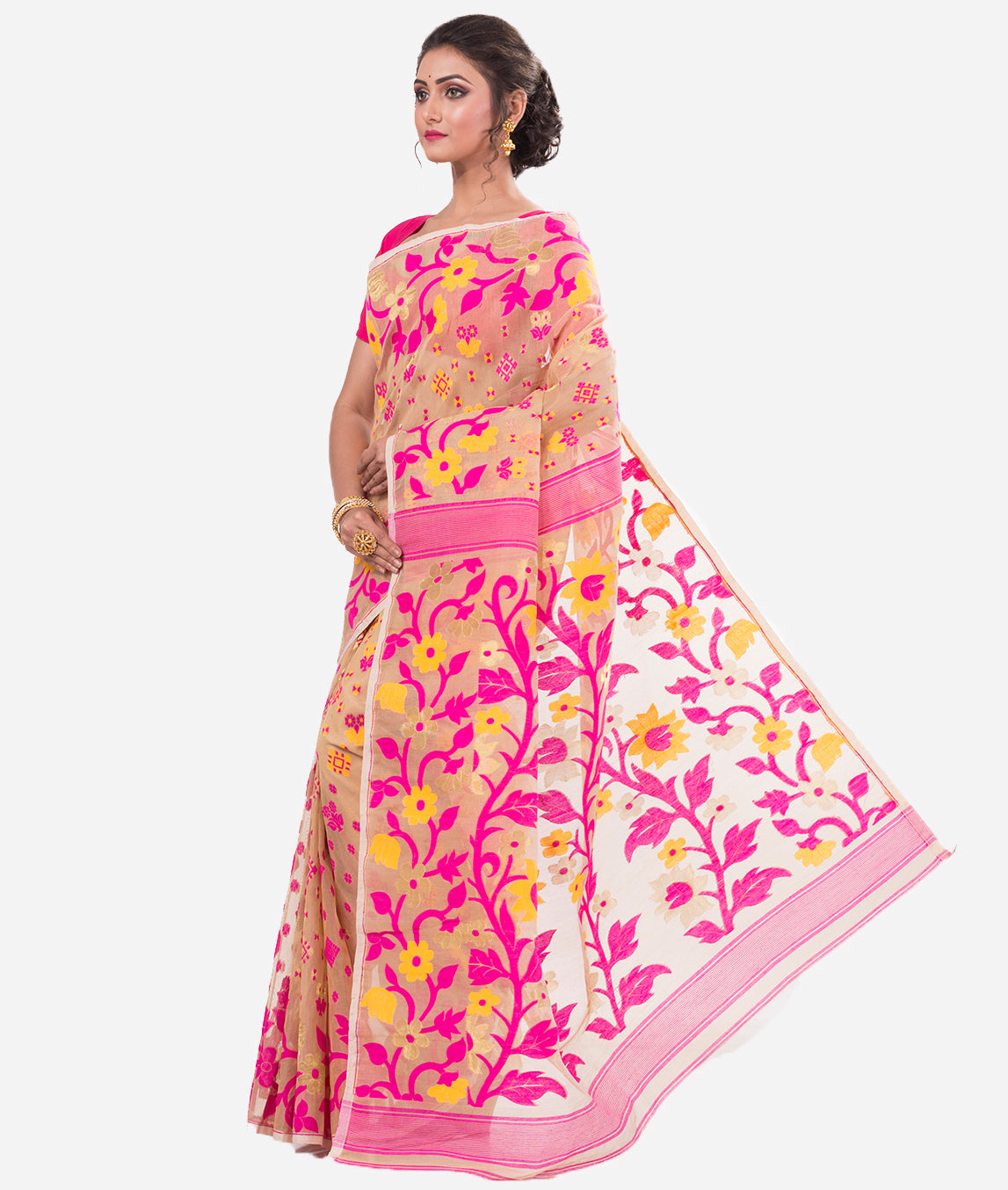 Beige Pink Dhakai Jamdani Saree