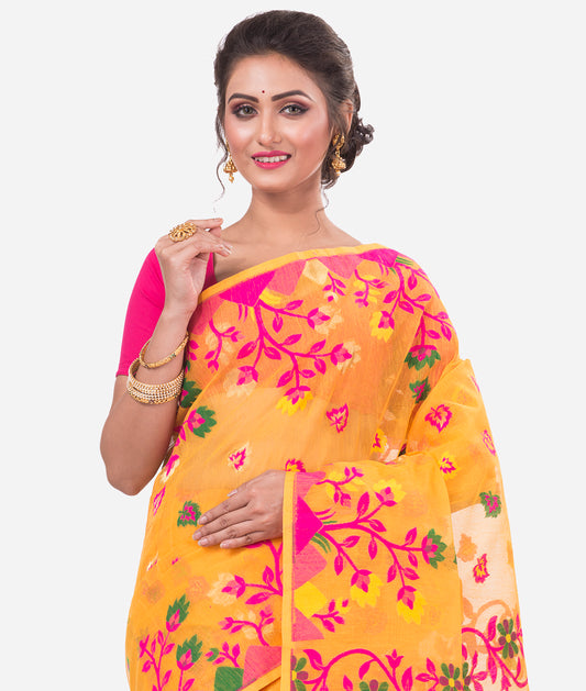 Yellow Pink Dhakai Jamdani Saree