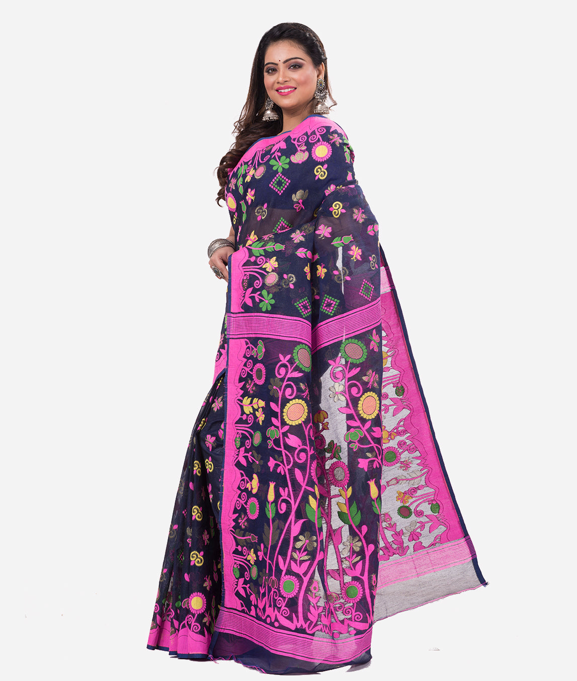 Royal Blue Pink Dhakai Jamdani Saree