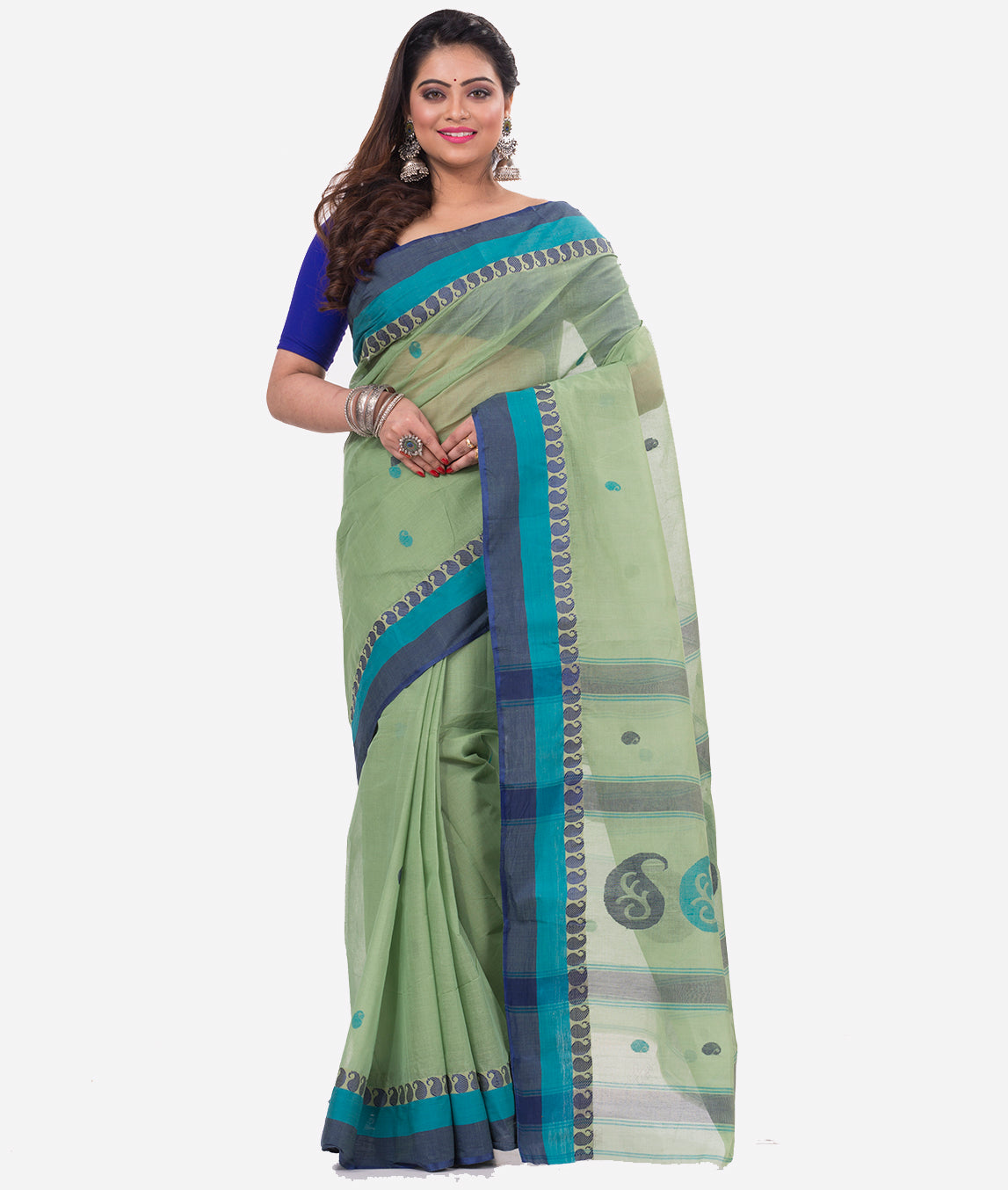 Green Blue Bengal Tant Cotton Saree