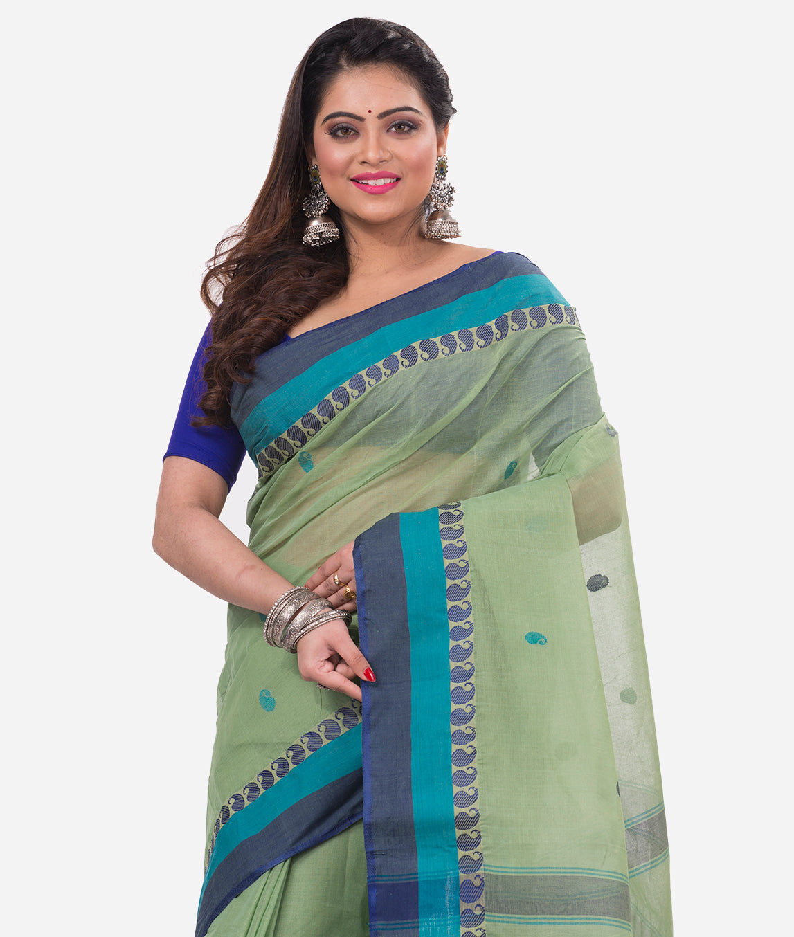 Green Blue Bengal Tant Cotton Saree