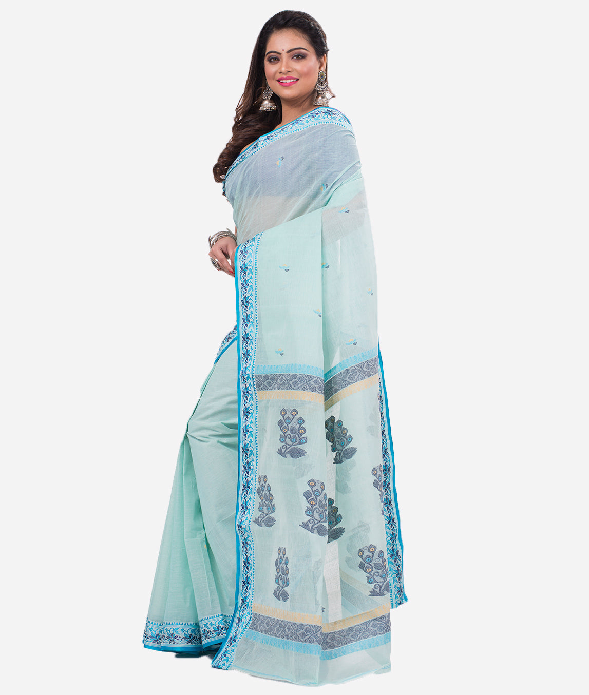 Aqua Blue Bengal Tant Cotton Saree