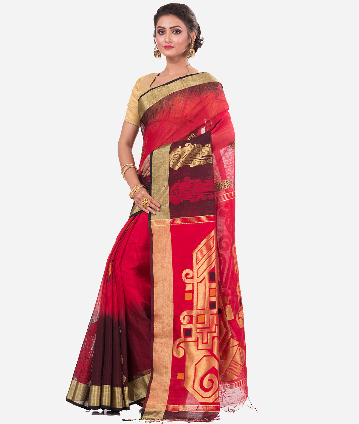 Red Black Bengal Handloom Blended Cotton Saree