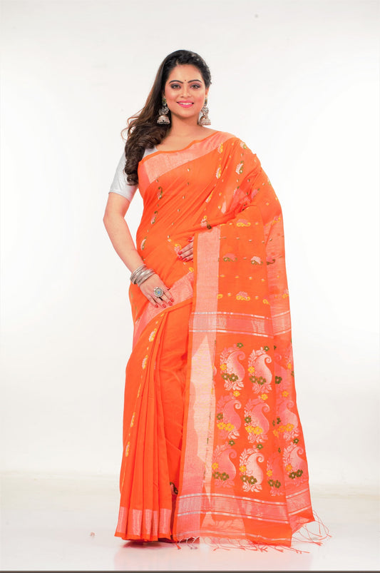 Orange Bengal Handloom Blended Cotton Saree