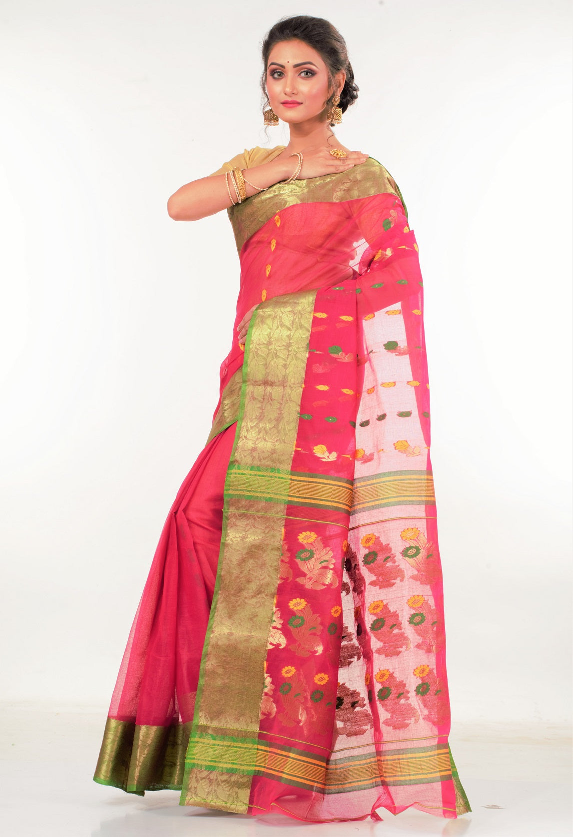 Fuchsia Pink Green Bengal Tant Cotton Saree