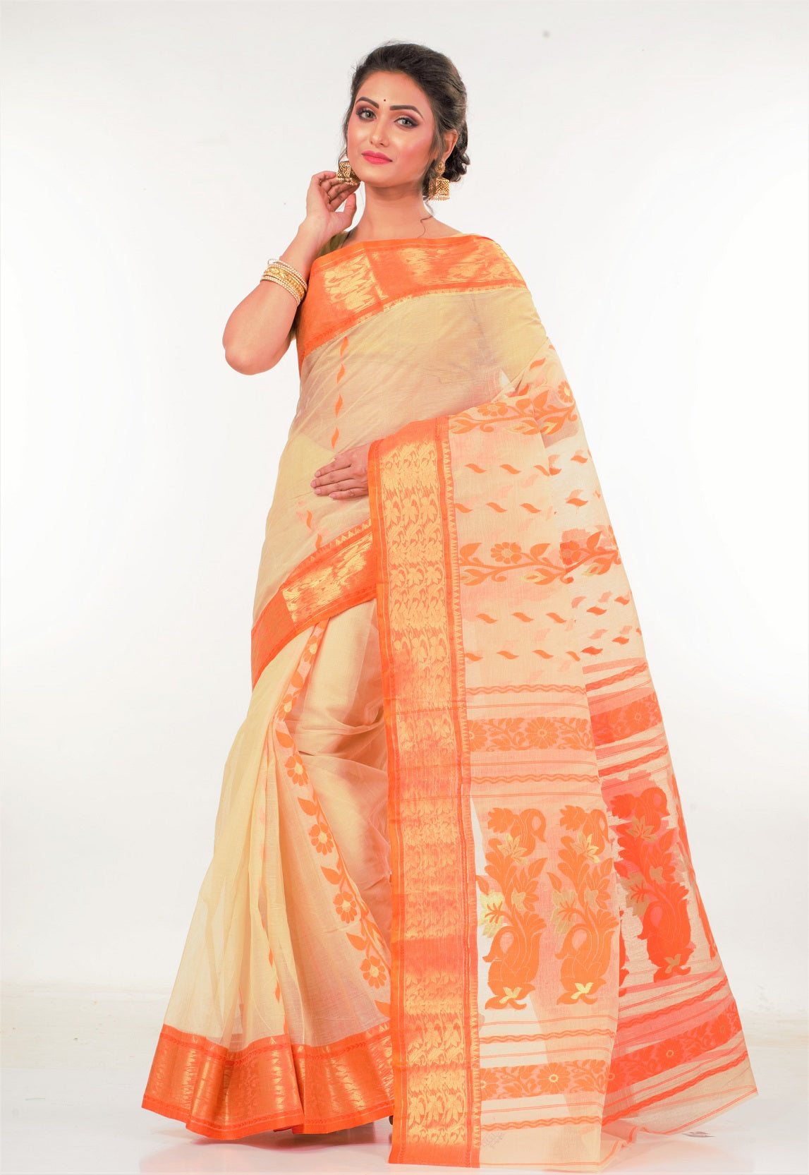 Beige Orange Bengal Tant Cotton Saree