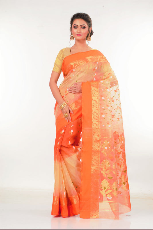 Beige Orange Bengal Tant Tussar Silk Saree