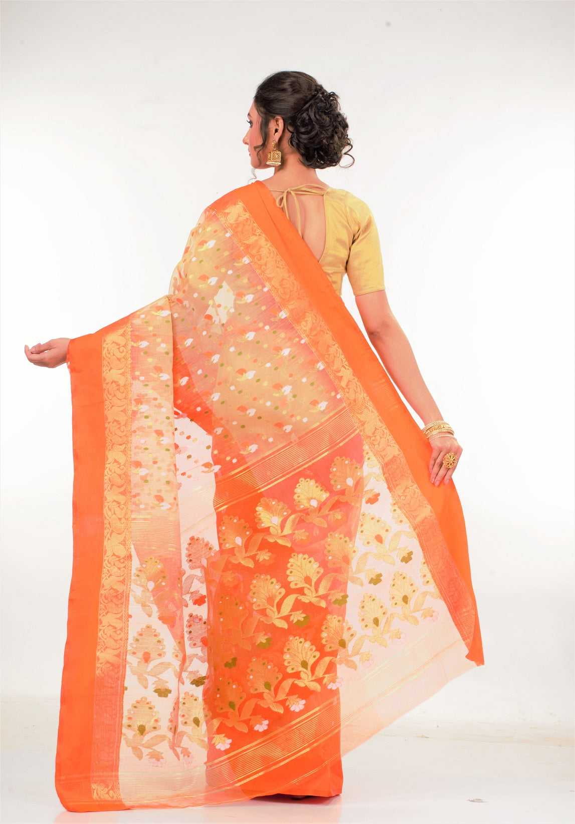 Beige Orange Bengal Tant Tussar Silk Saree