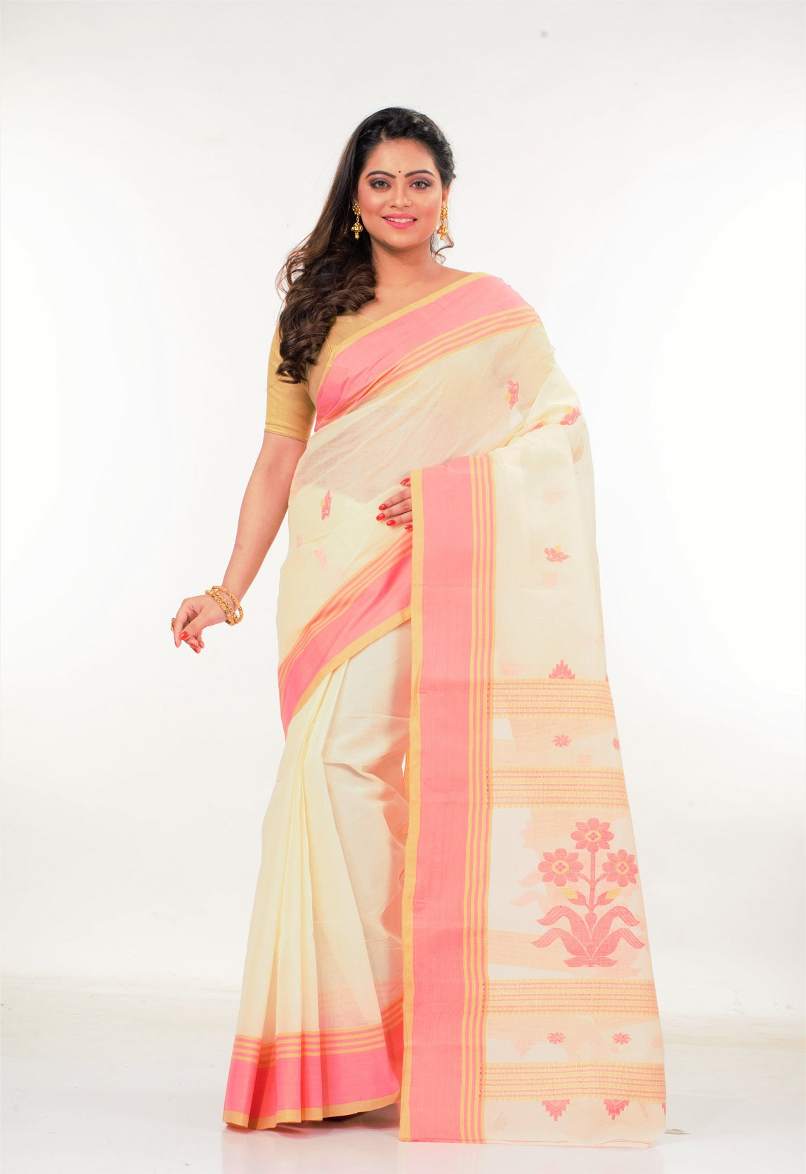 Off White Pink Bengal Tant Cotton Saree