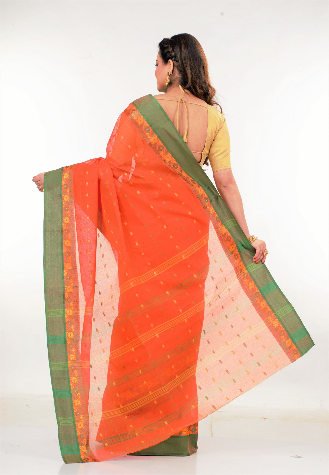 Orange Green Bengal Tant Cotton Saree