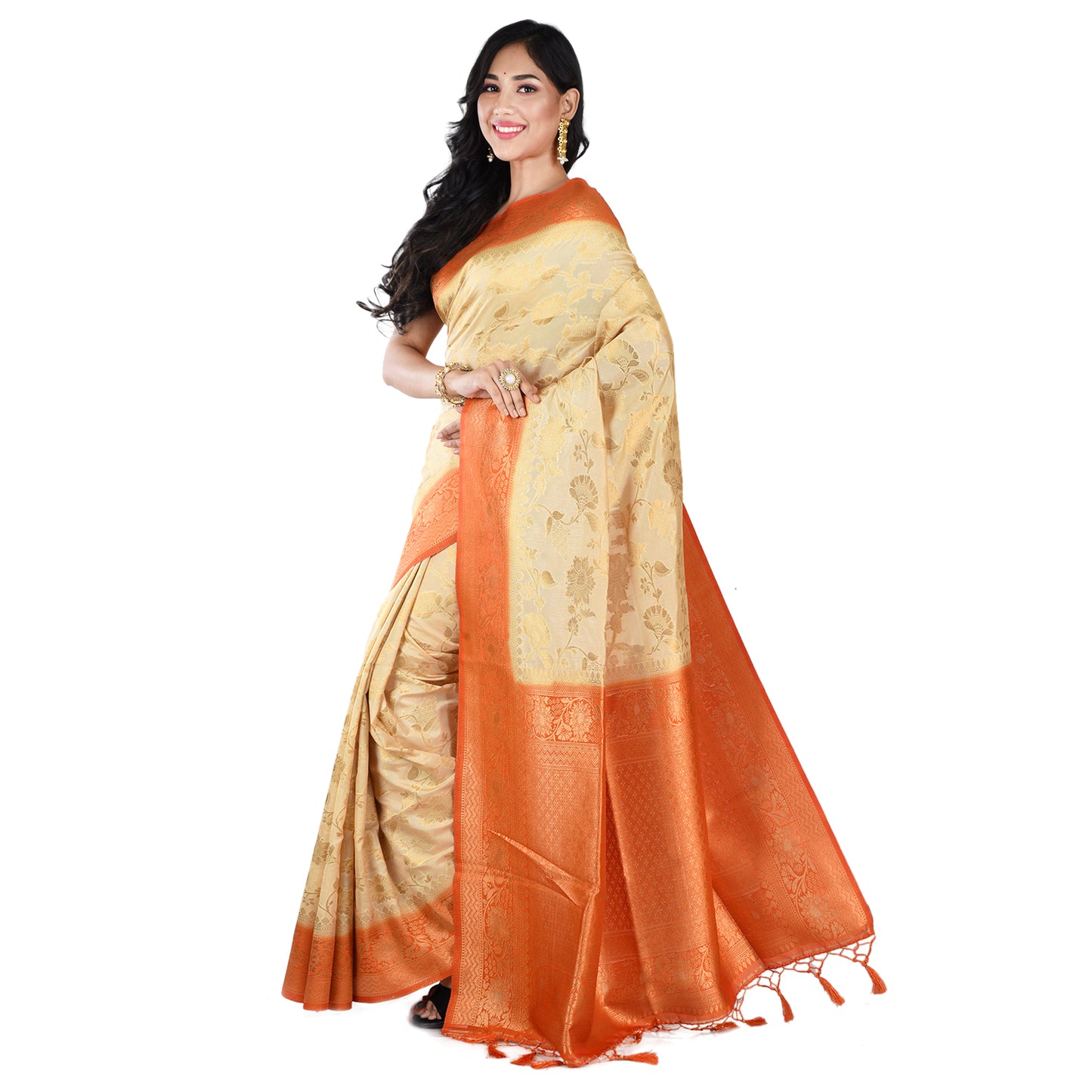 Orange Beige Banarasi Silk Saree